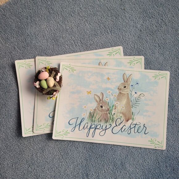 Set of Three Hobby Lobby Reversible Happy Easter Bunny Placemats w/ Bird Nest - Picture 2 of 9